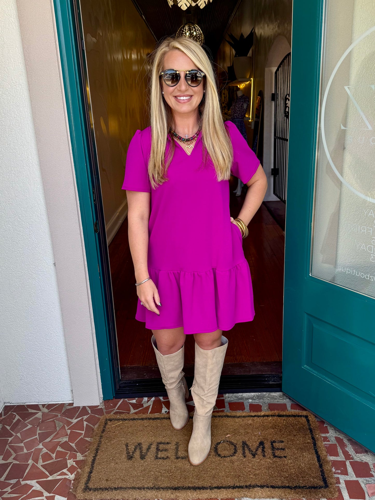 Solid Ruffle Neck Drop Waist Dress-Saturday Steal