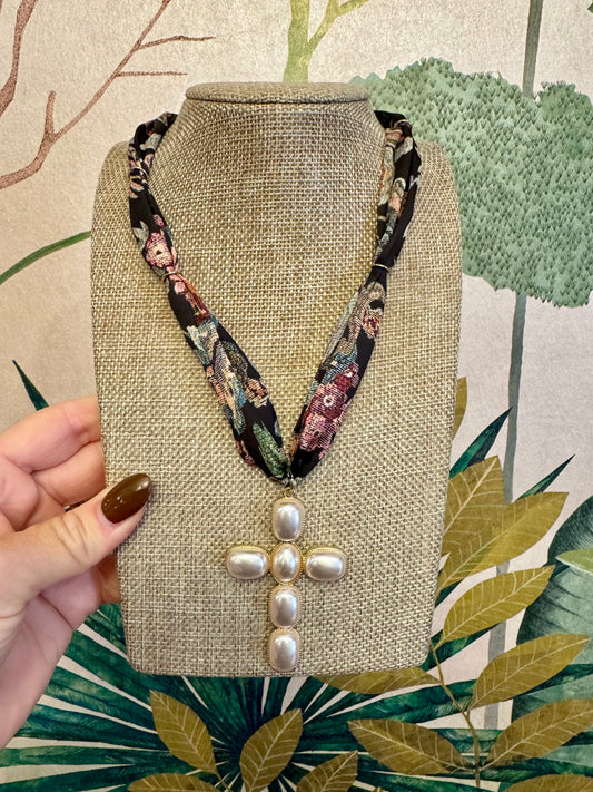 Black Floral Pearl Cross Scarf Necklace