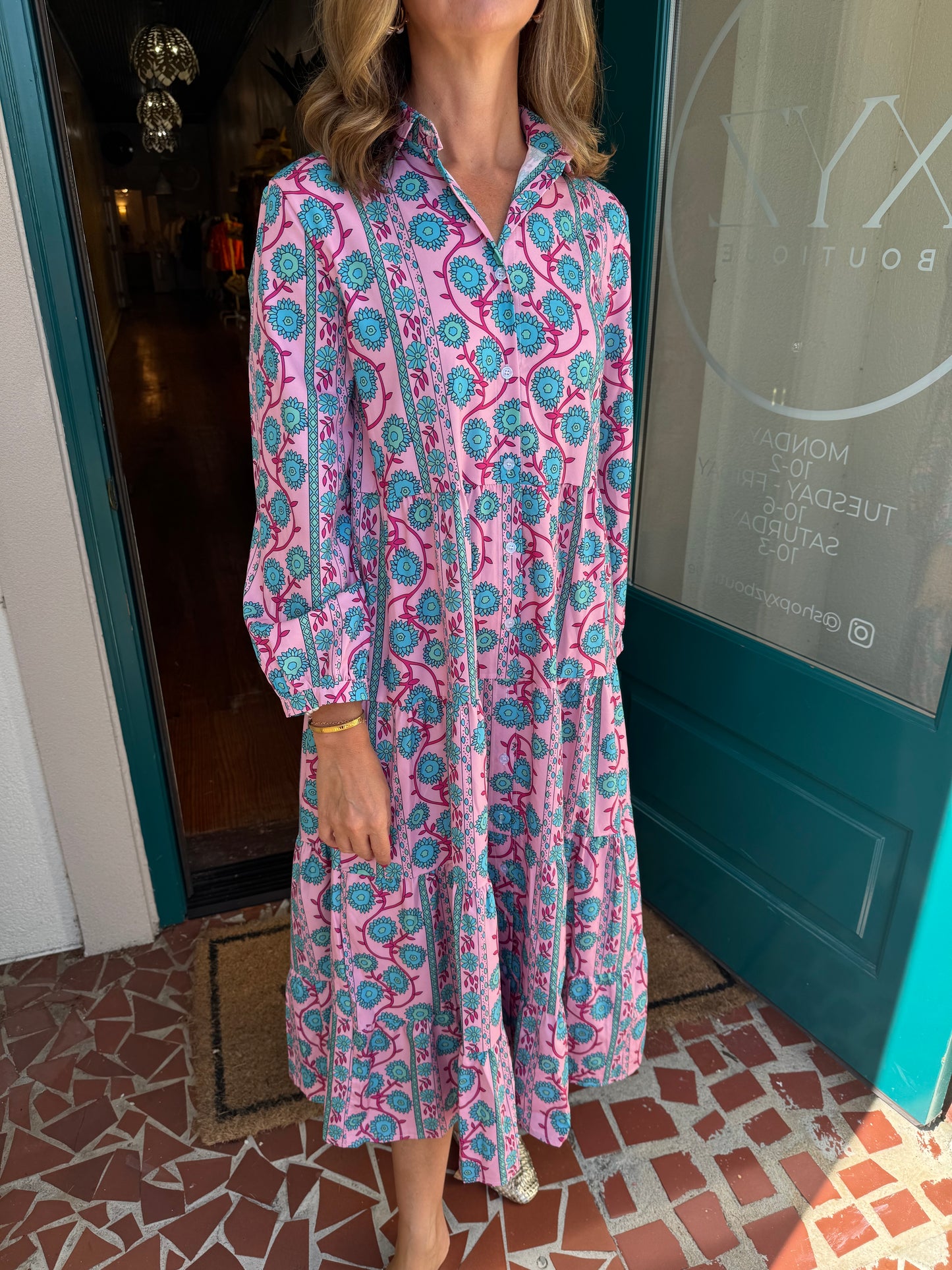 Pink Floral Print Long Sleeve Button Down Ruffle Dress