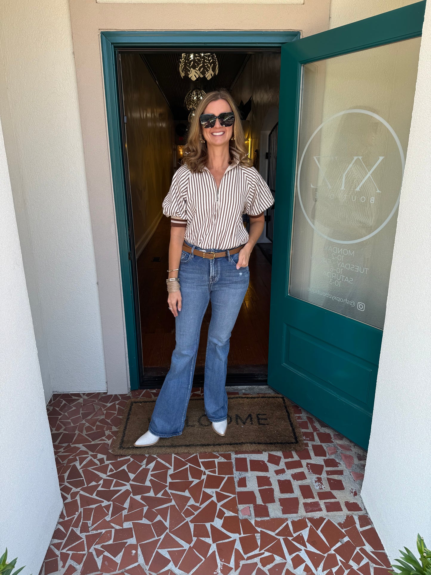 Stripe Half Zip Accent Band Top