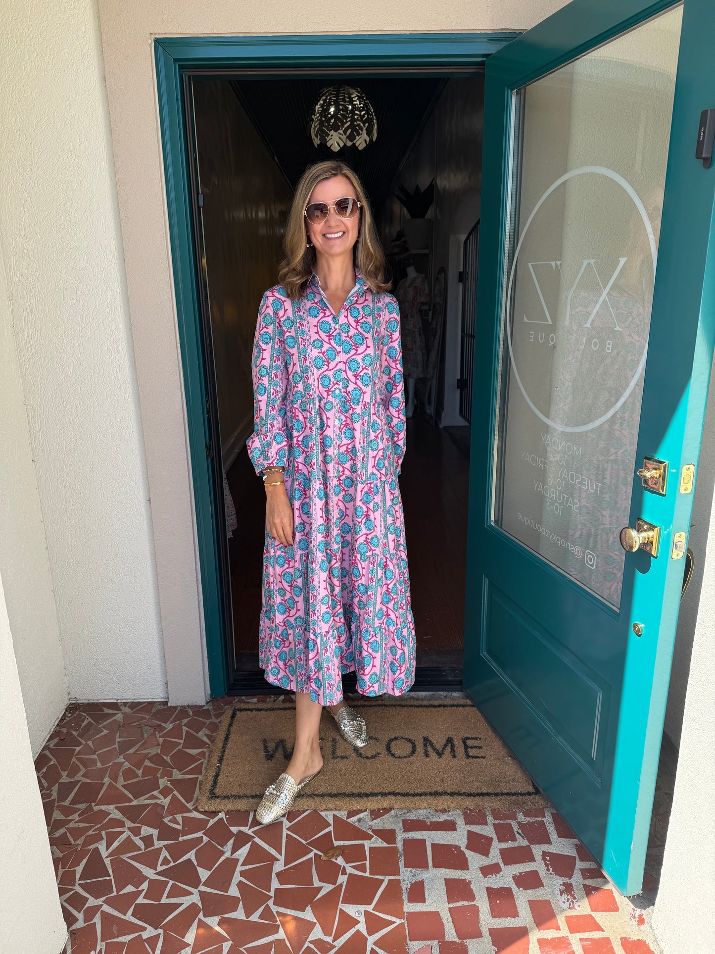 Pink Floral Print Long Sleeve Button Down Ruffle Dress