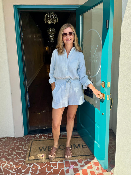 Light Blue Gauze Button Down Top