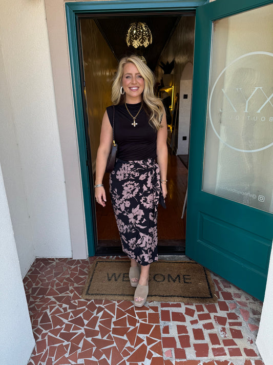 Black Floral Printed Skirt With Tie Detail On Side