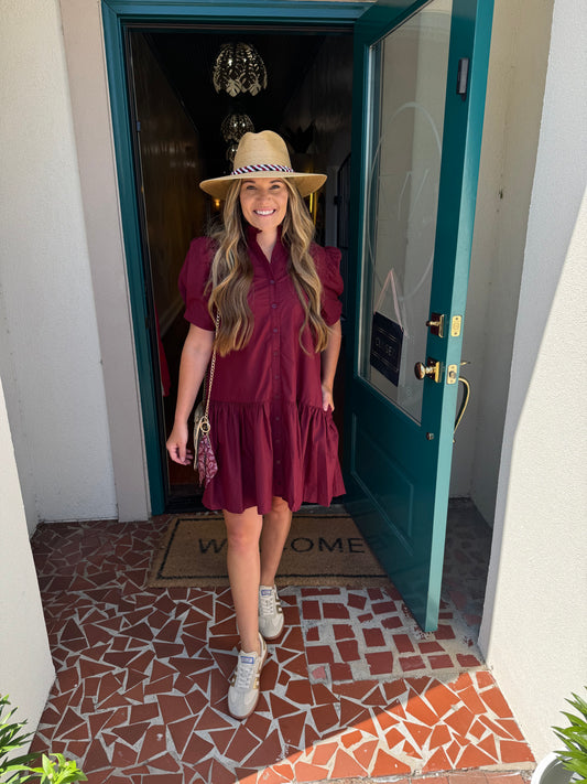 Garnet Pleated Shoulder Puff Sleeve Ruffle Hem