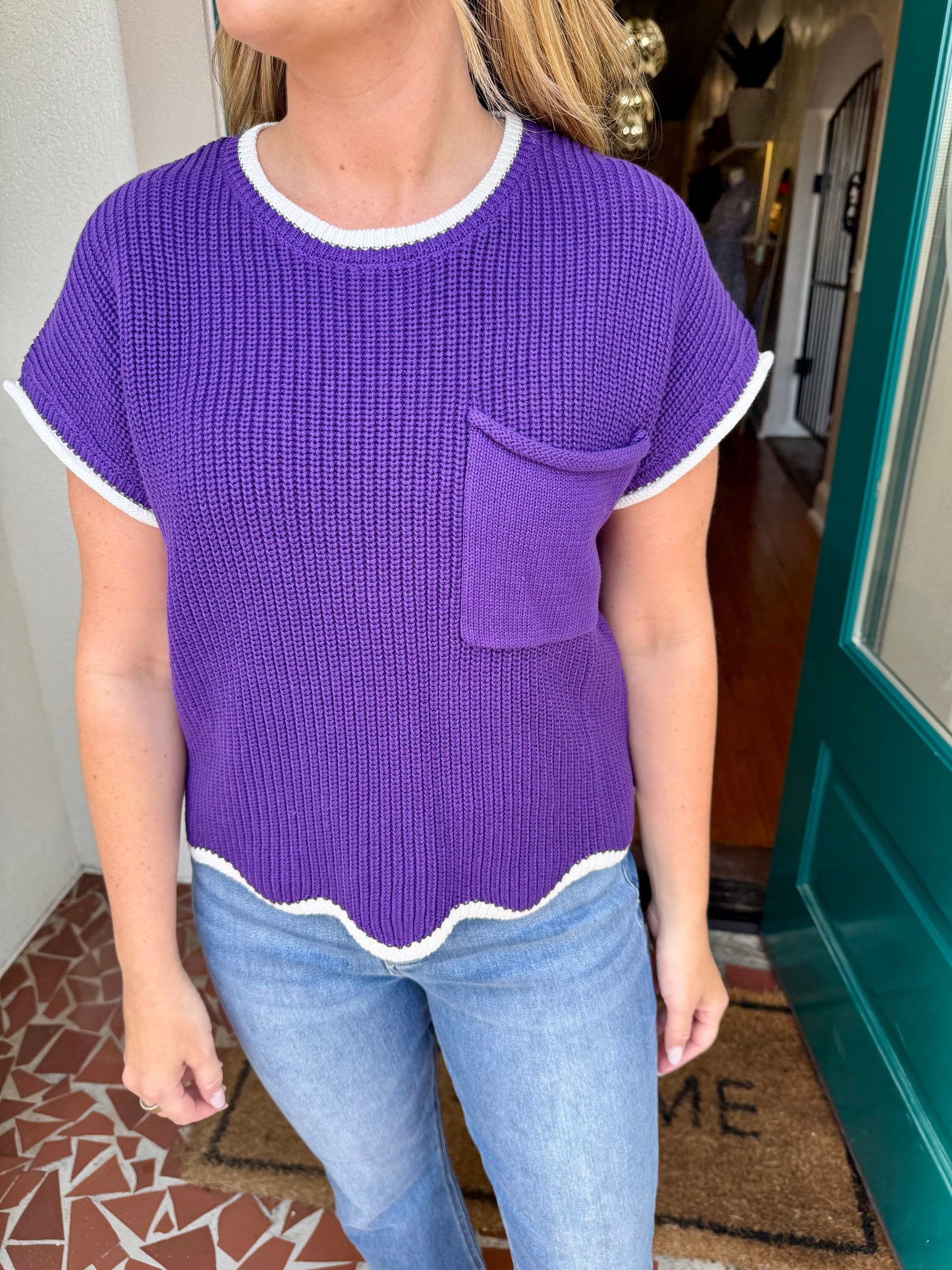 Drop Shoulder Short Sleeve Scallop Hem Sweater