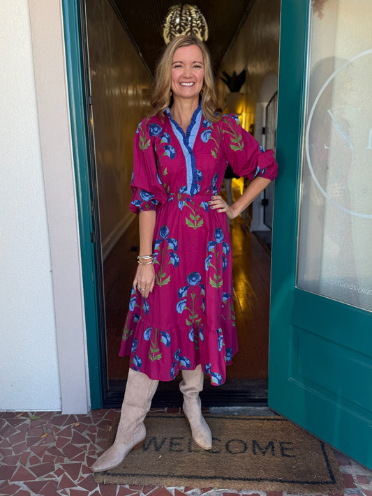 Berry Floral Midi Dress with Ruffle Trim