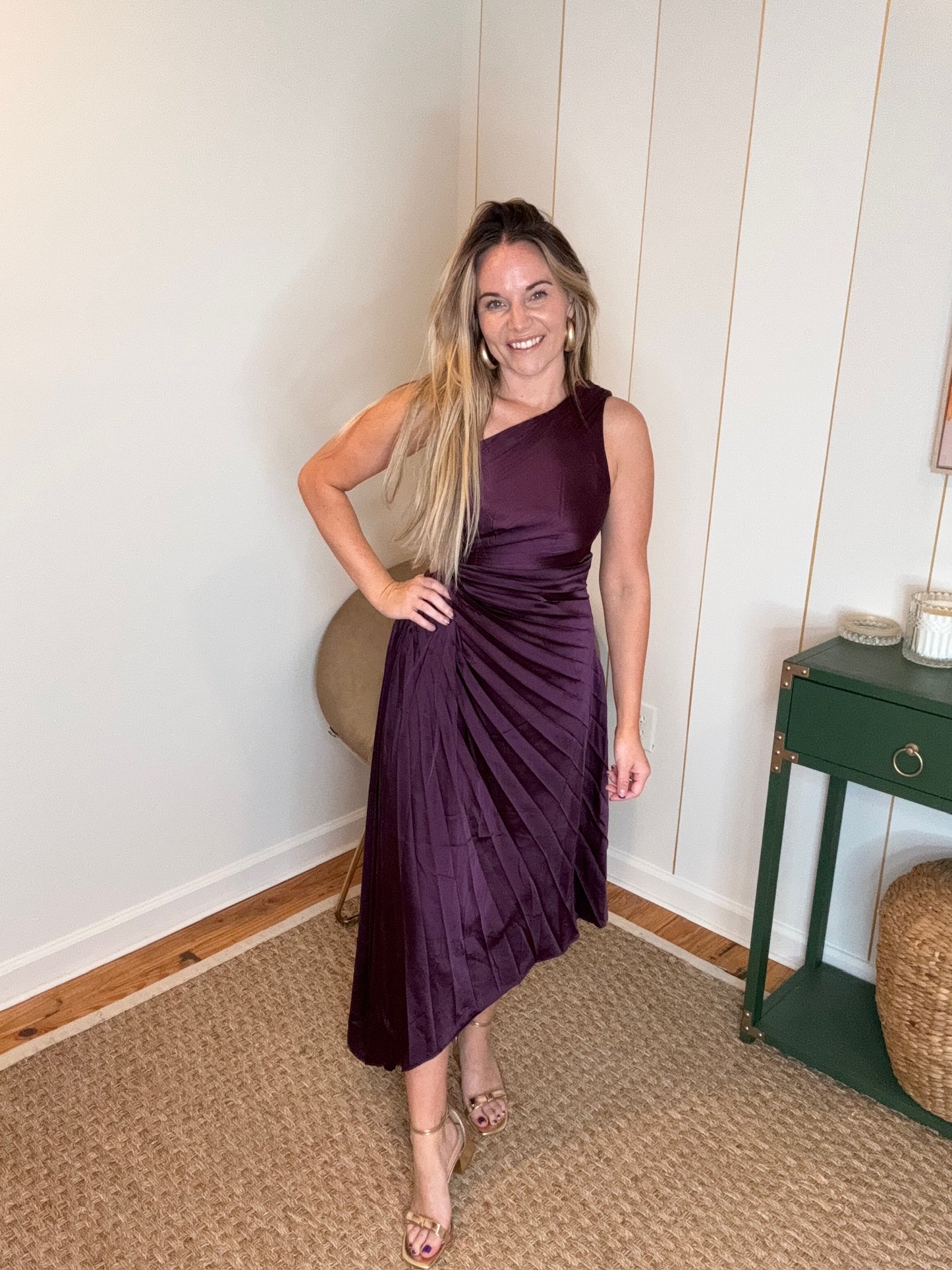One Shoulder Pleated Asymmetrical Satin Dress
