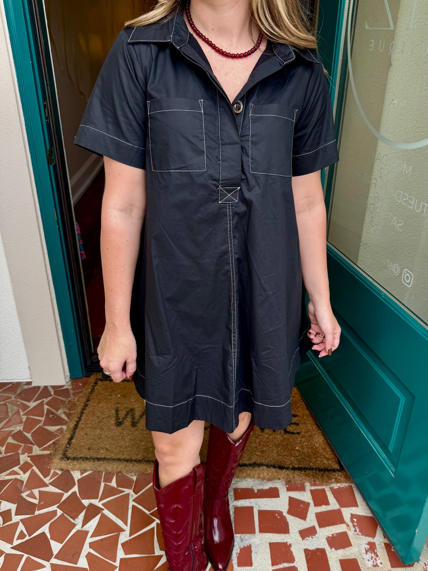 Button Down Contrast Stitching Dress