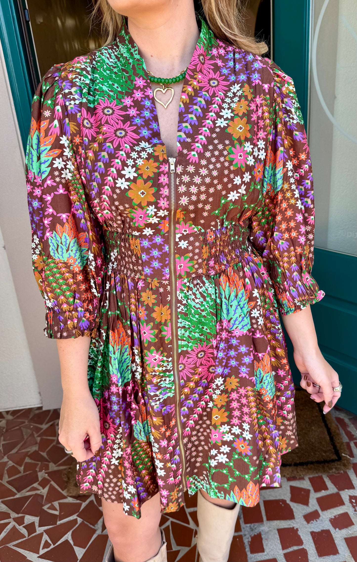 Brown Mix Floral Zip Front Dress