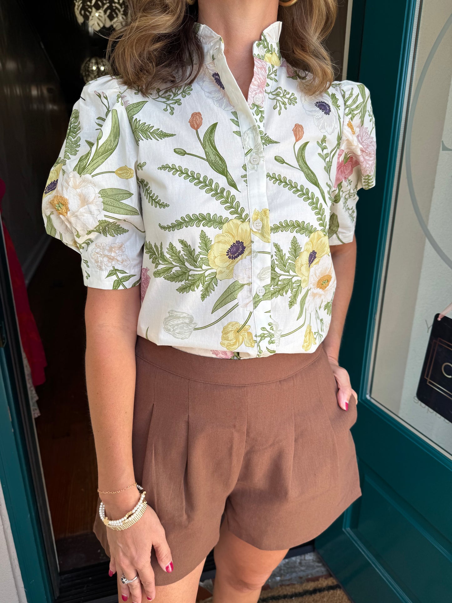 Cream Floral Ruffle Neck Top