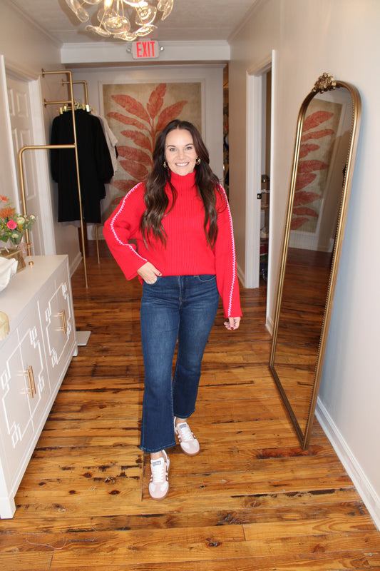 Red Ribbed Sweater w Pink Stitching