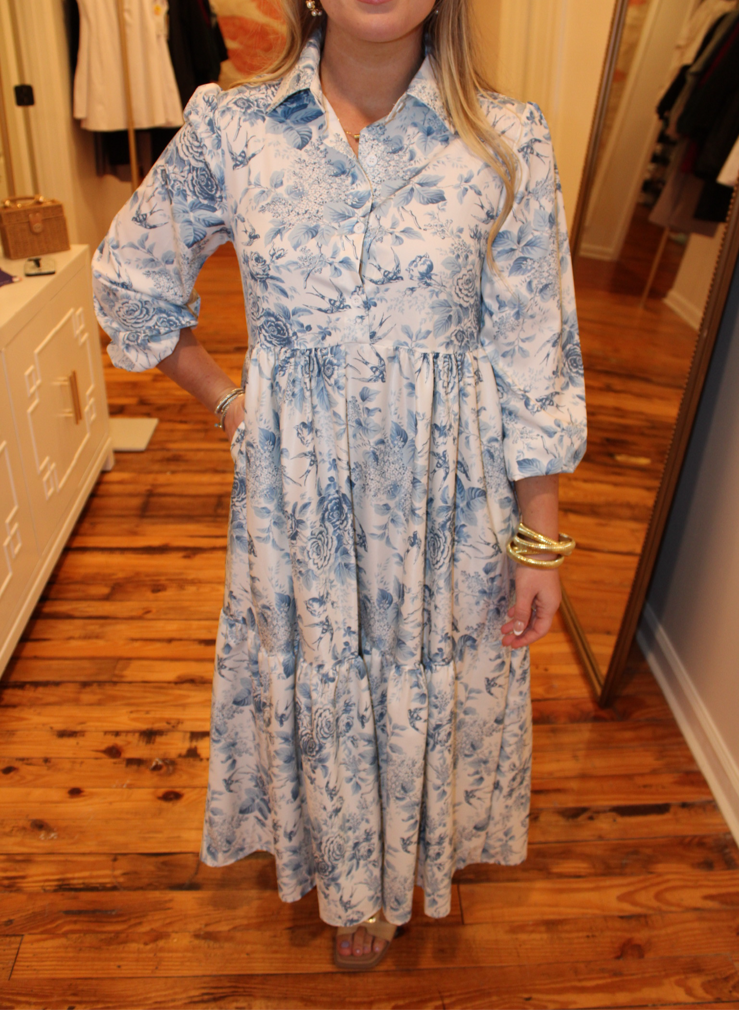 Blue Floral Print Collared Maxi
