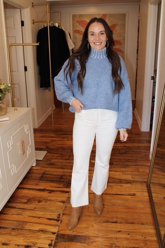 Oversized Stitching Blue Mock Neck Sweater