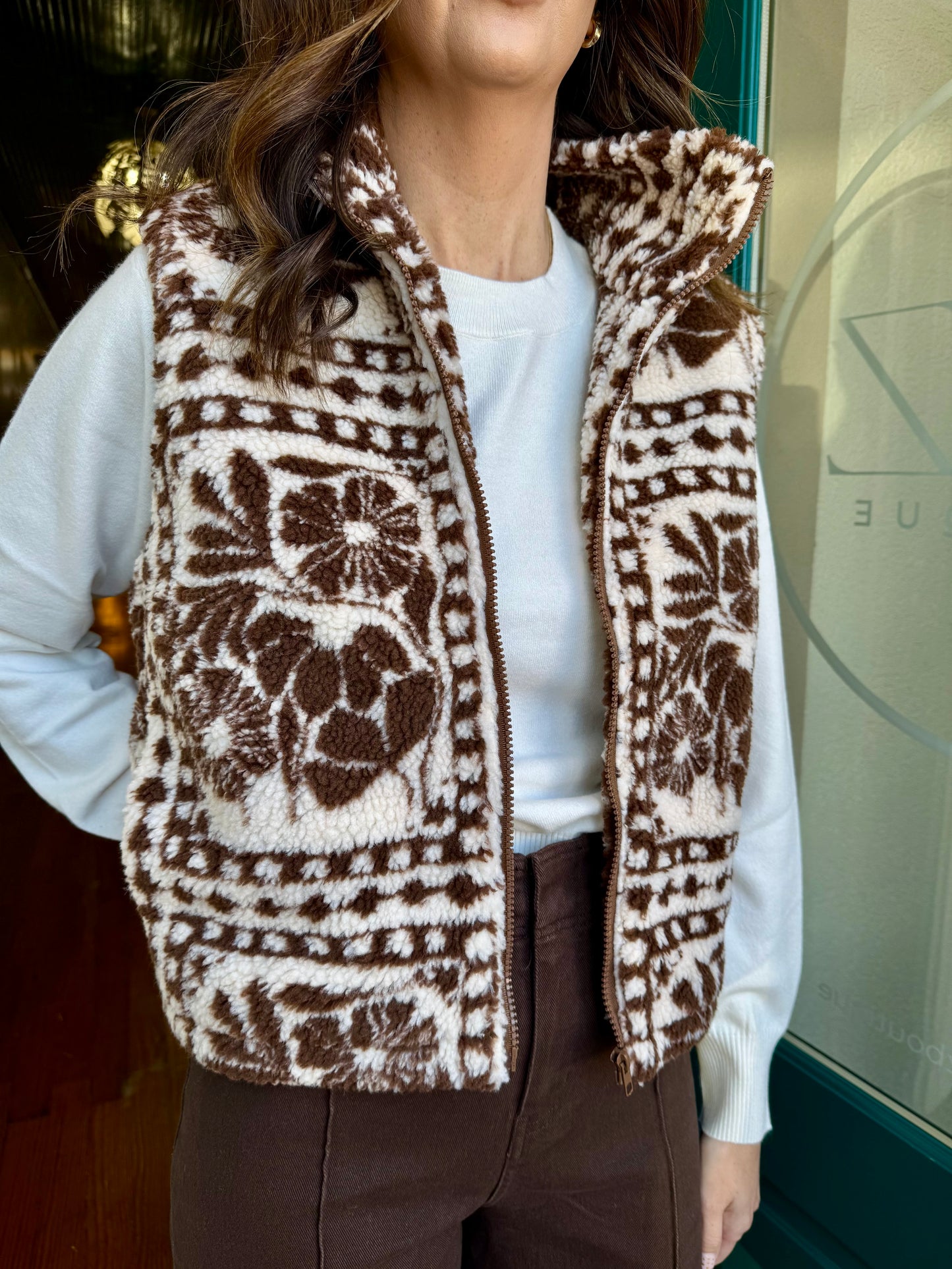 Brown Printed Zip Up Vest