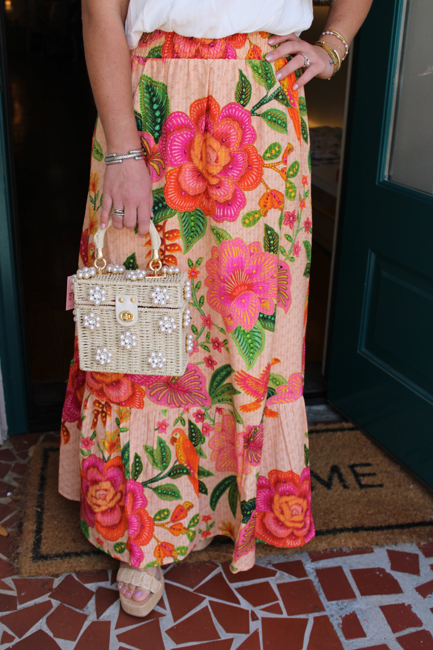 Textured Tropical Print Maxi Skirt