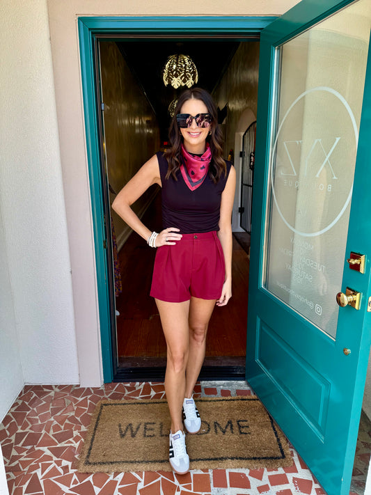 Burgundy Pleated Shorts With Elastic Waist