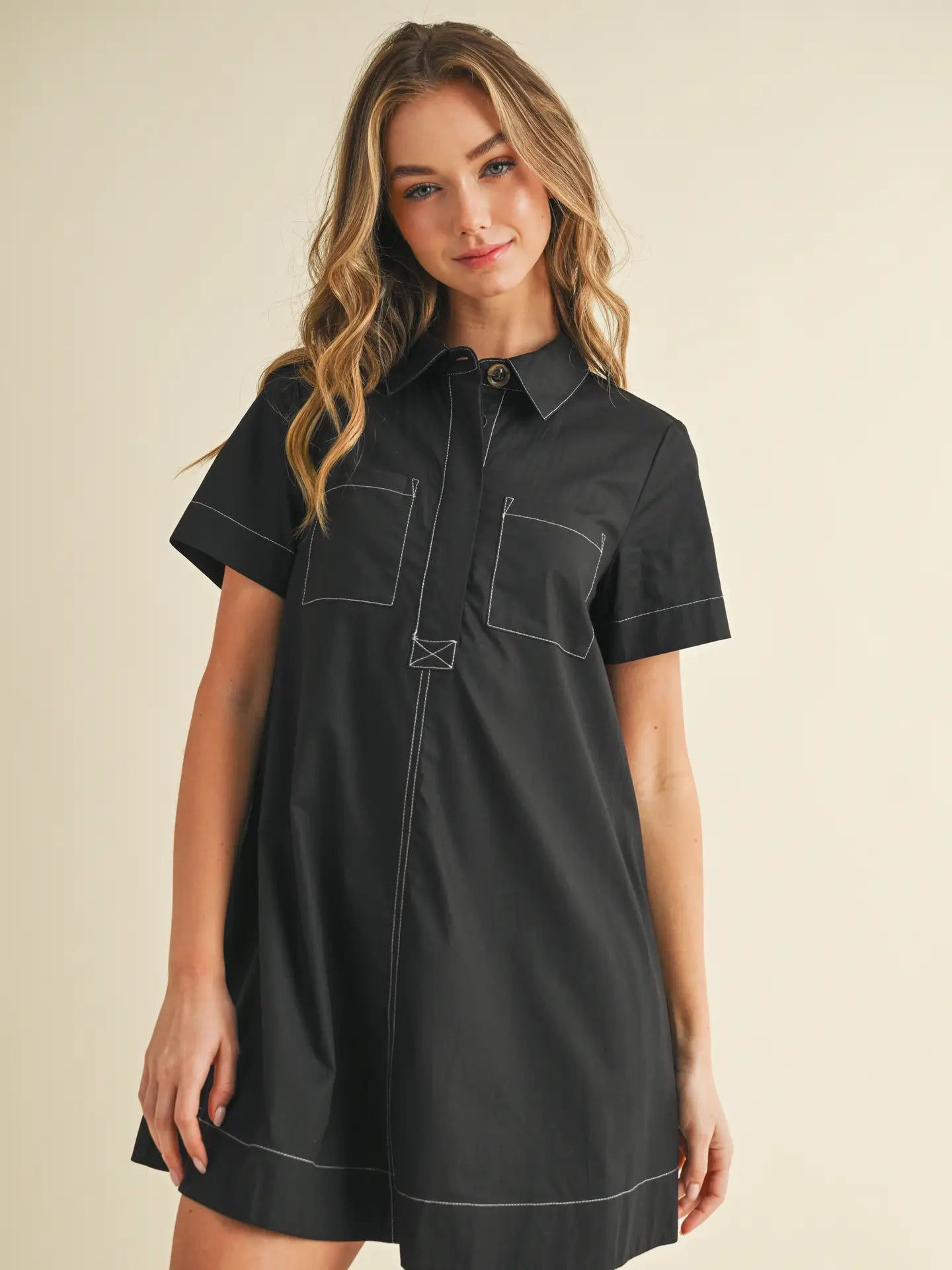 Button Down Contrast Stitching Dress