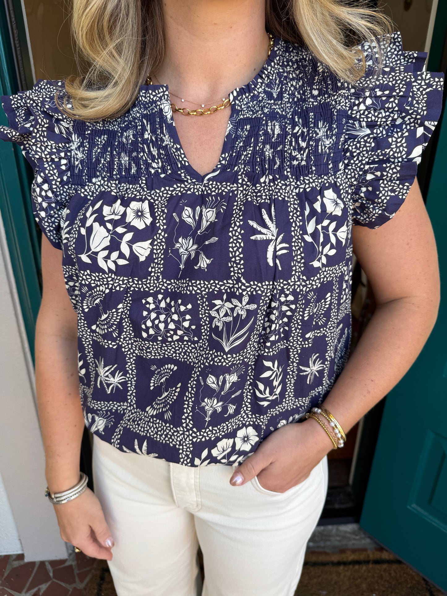 Blue Ruffle Sleeve Smocked Blouse