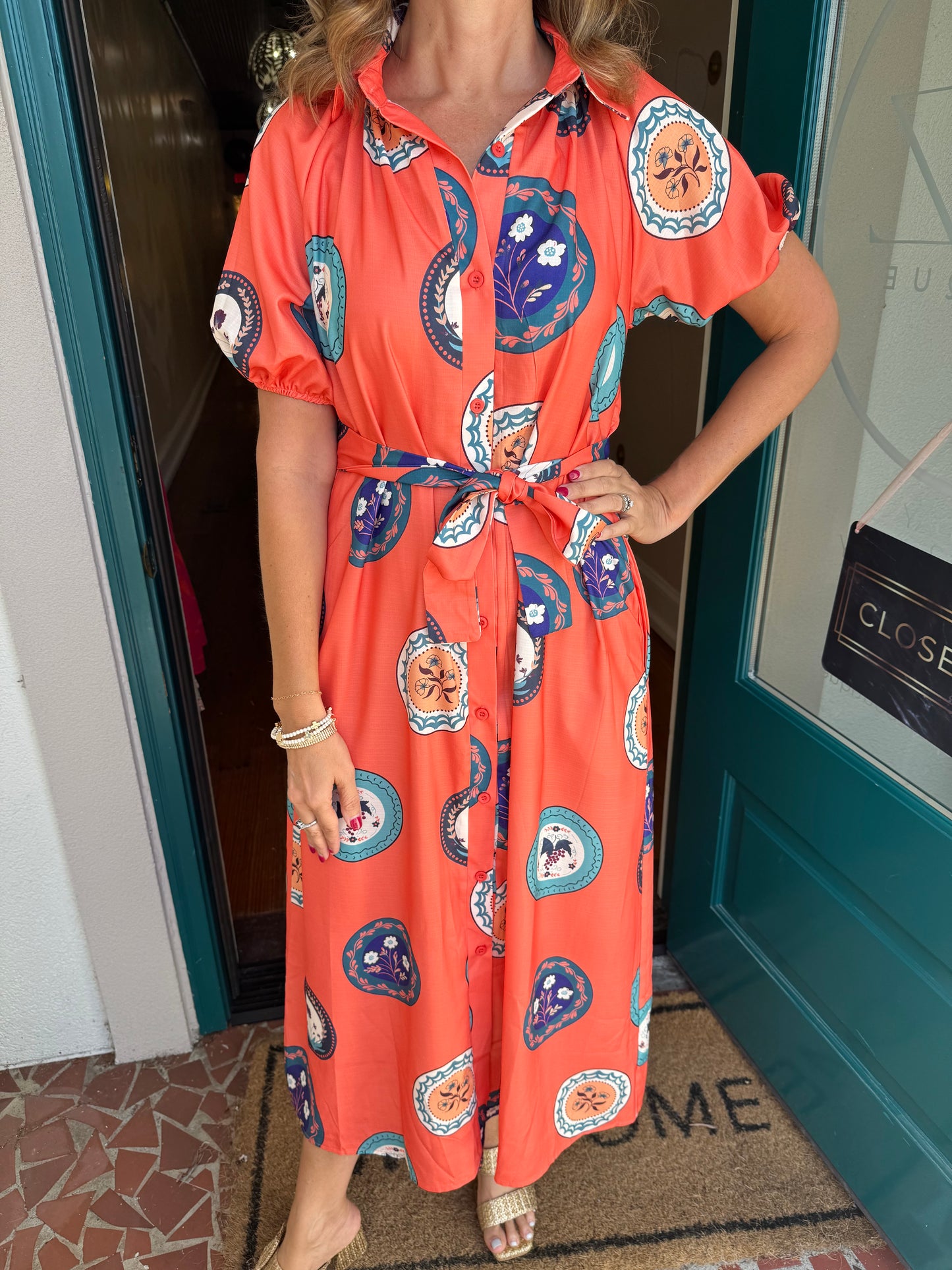 Orange Printed Short Sleeve Waist Tie Maxi Dress