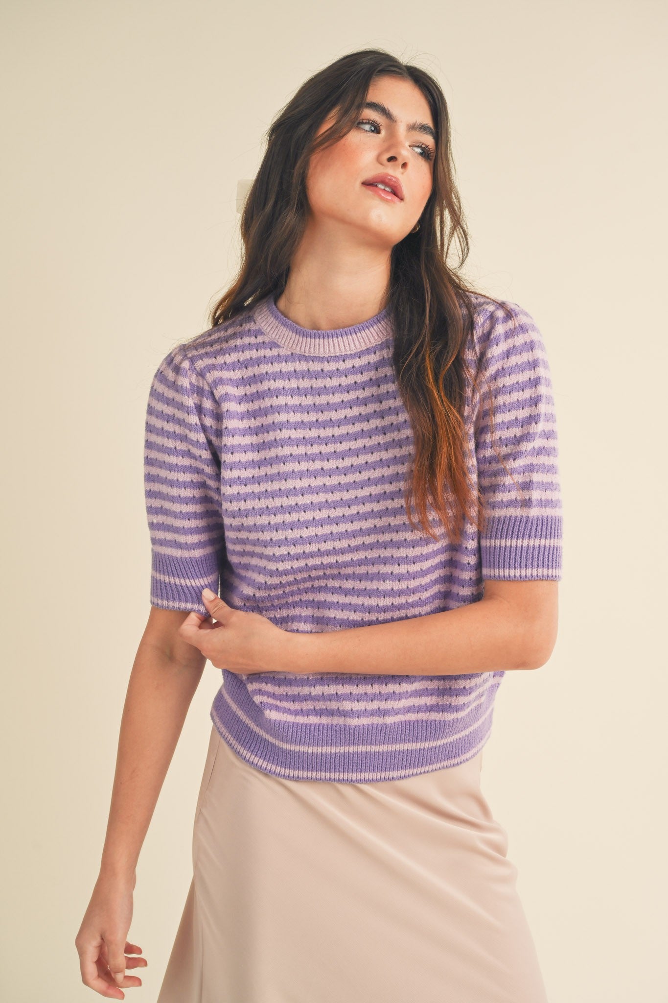 Striped Pointelle Puff Sleeve Sweater