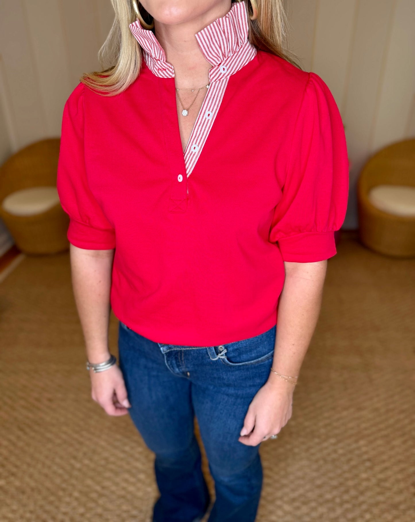 Red Short Sleeve Striped Collar Top