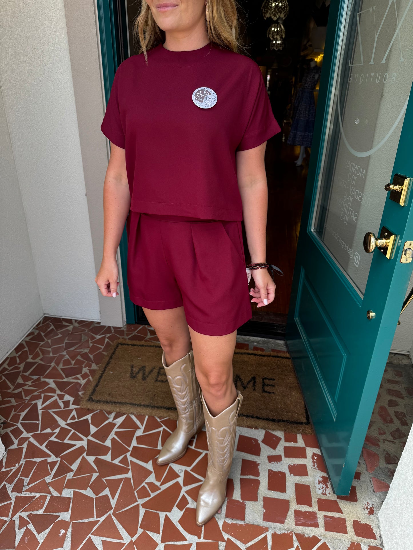 Solid Burgundy Short Sleeve Shorts Set
