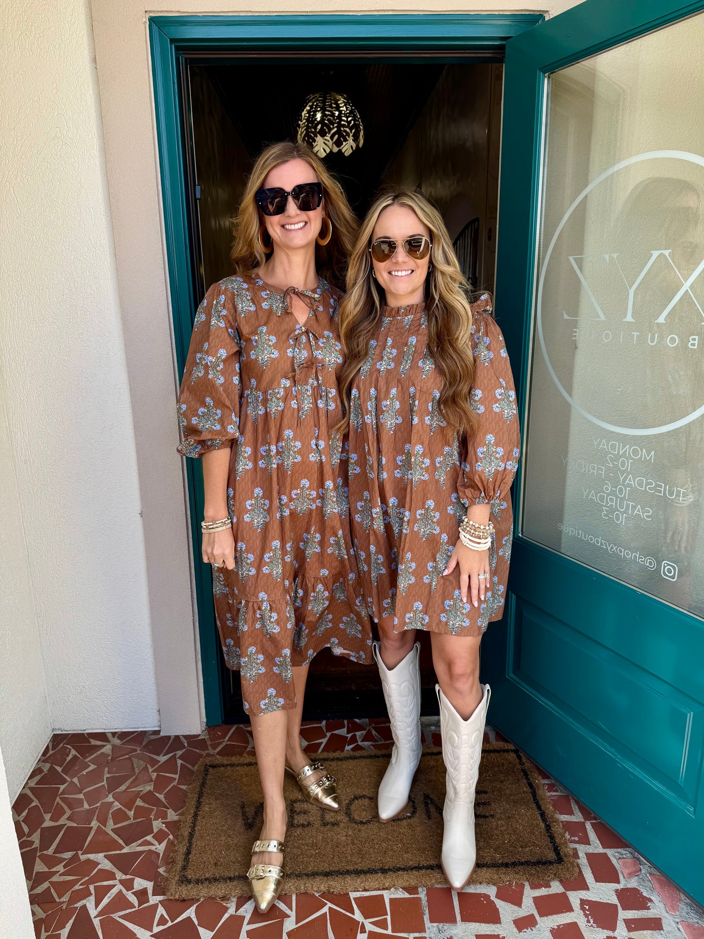 Brown Floral Keyhole Midi Dress with Balloon Sleeves