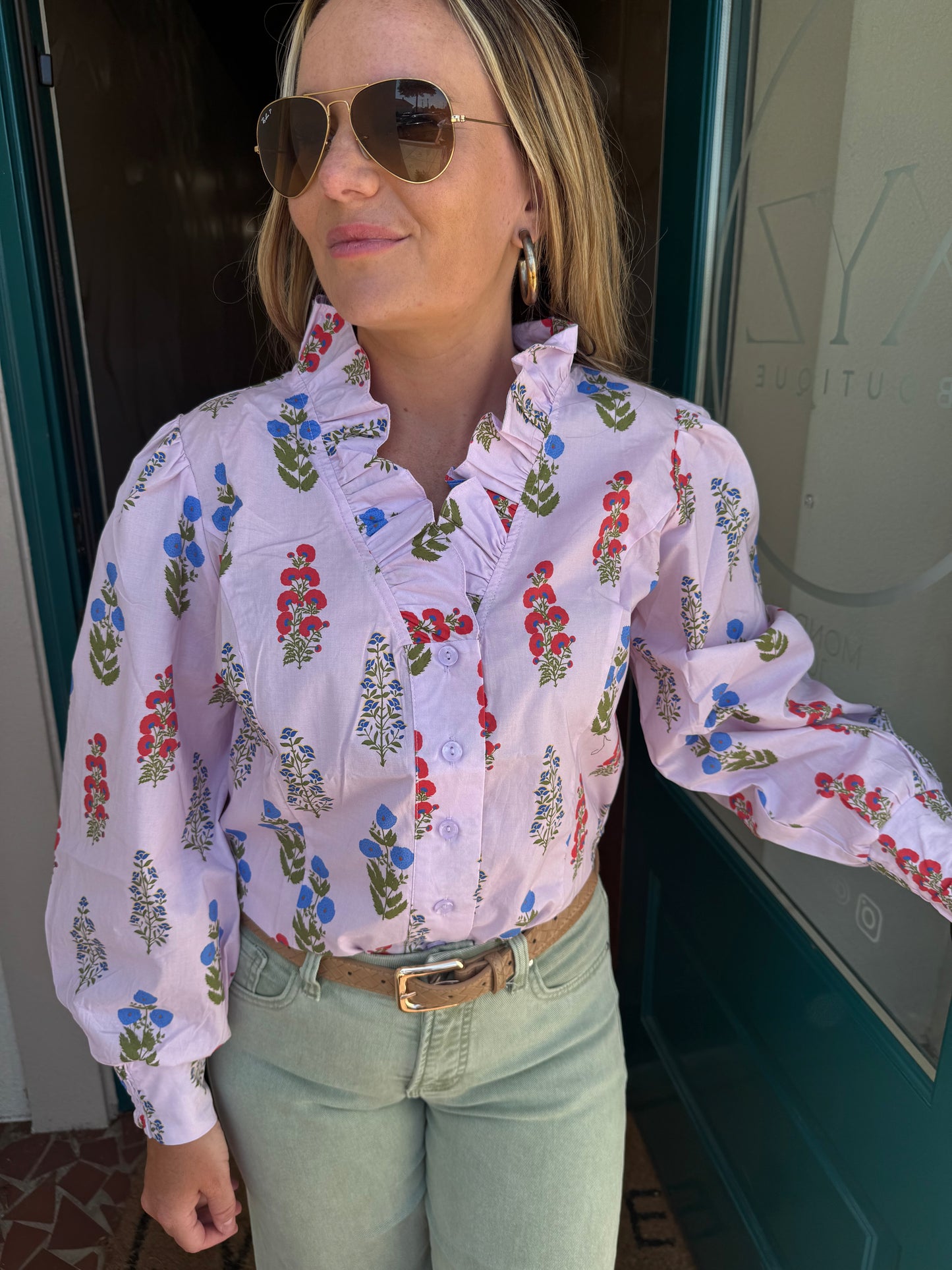 Lavender Ruffle Collar Button-Up Blouse
