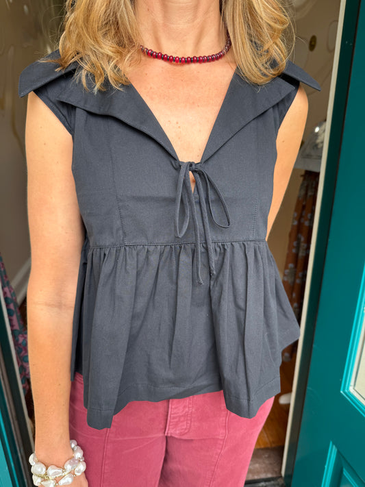 Black Collared Peplum Hem Top