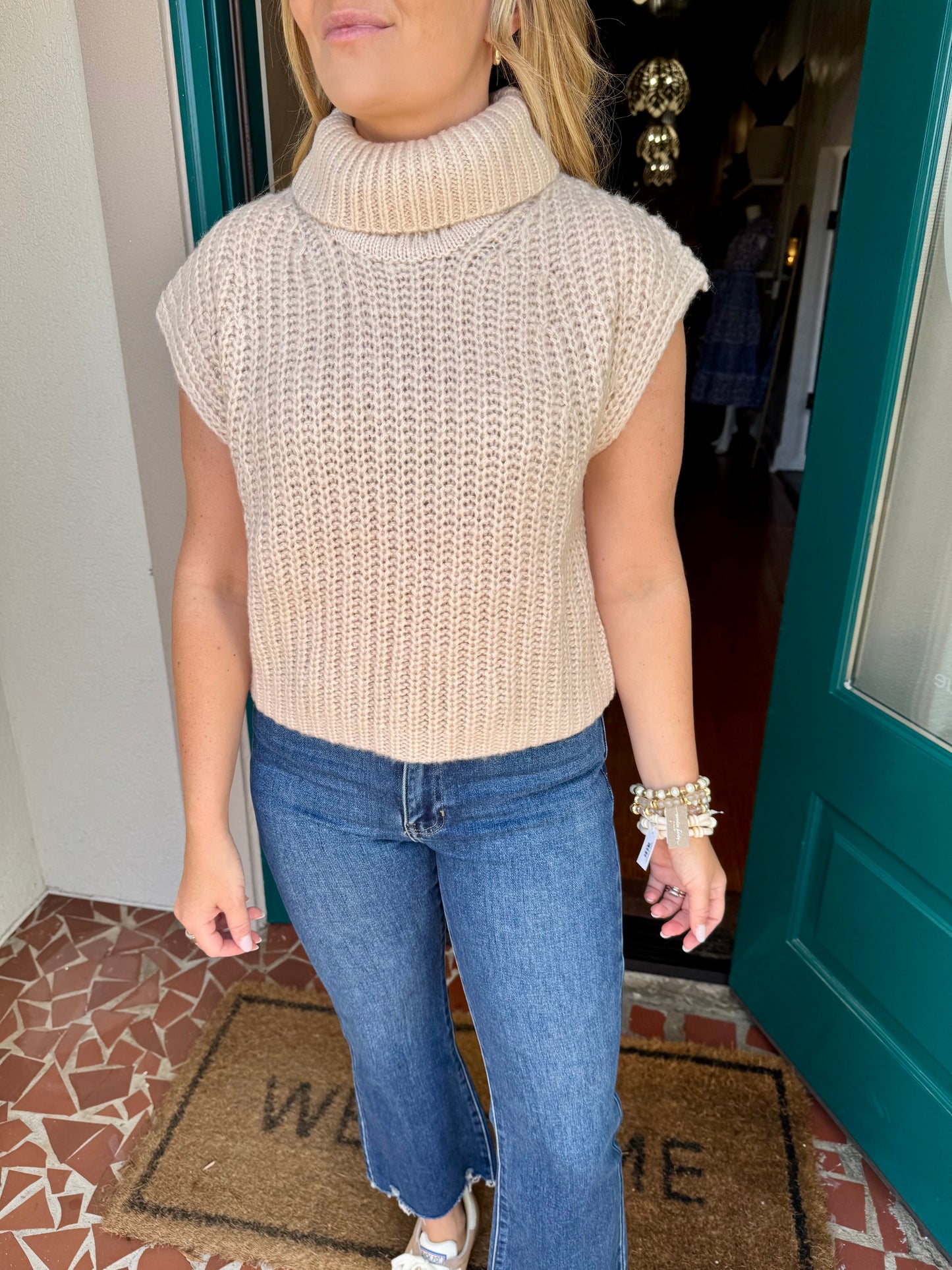 Oatmeal Monica Sleeveless Cropped Turtleneck Sweater