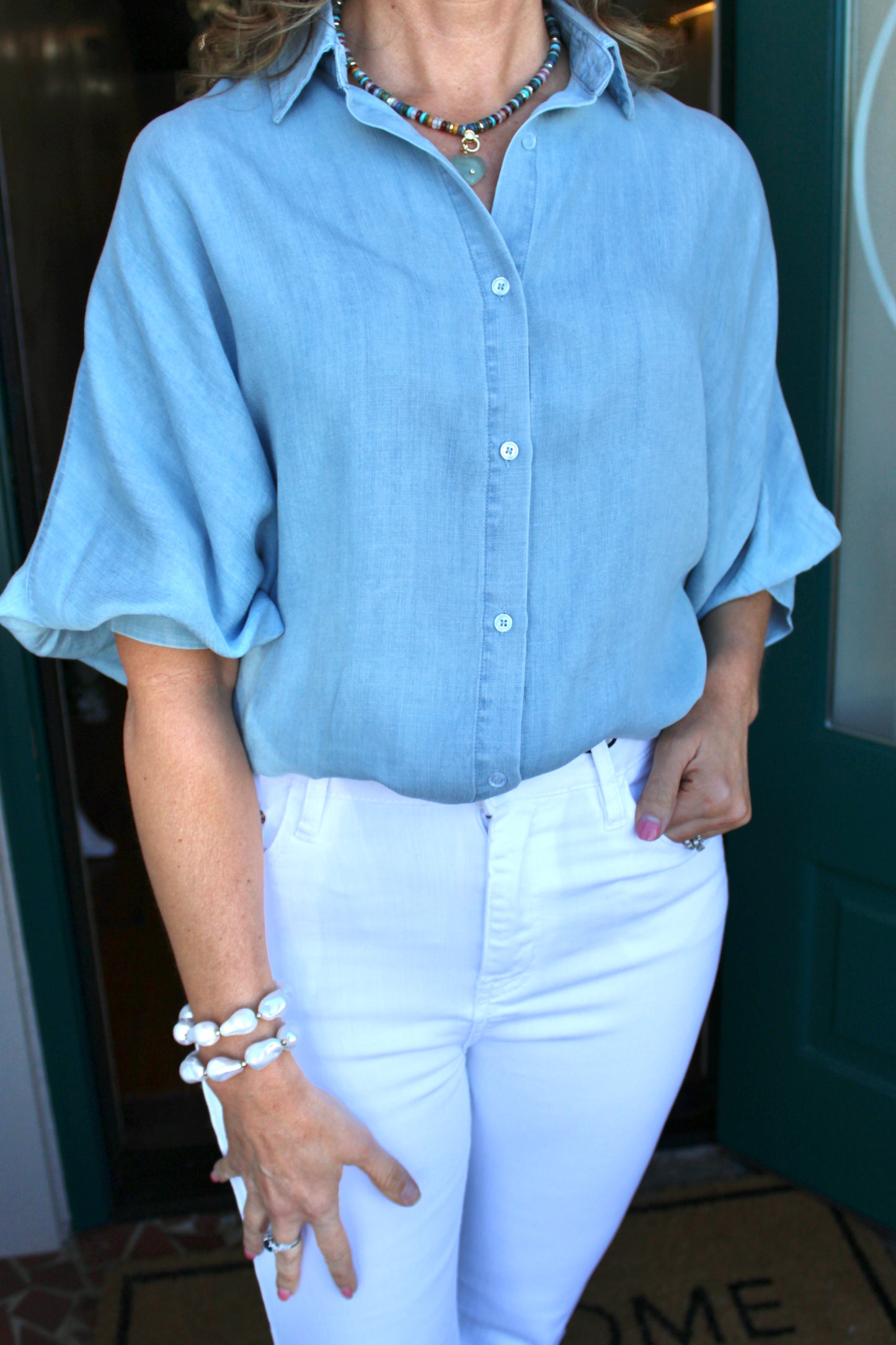 Denim Tencel Puff Sleeve Button Up Top