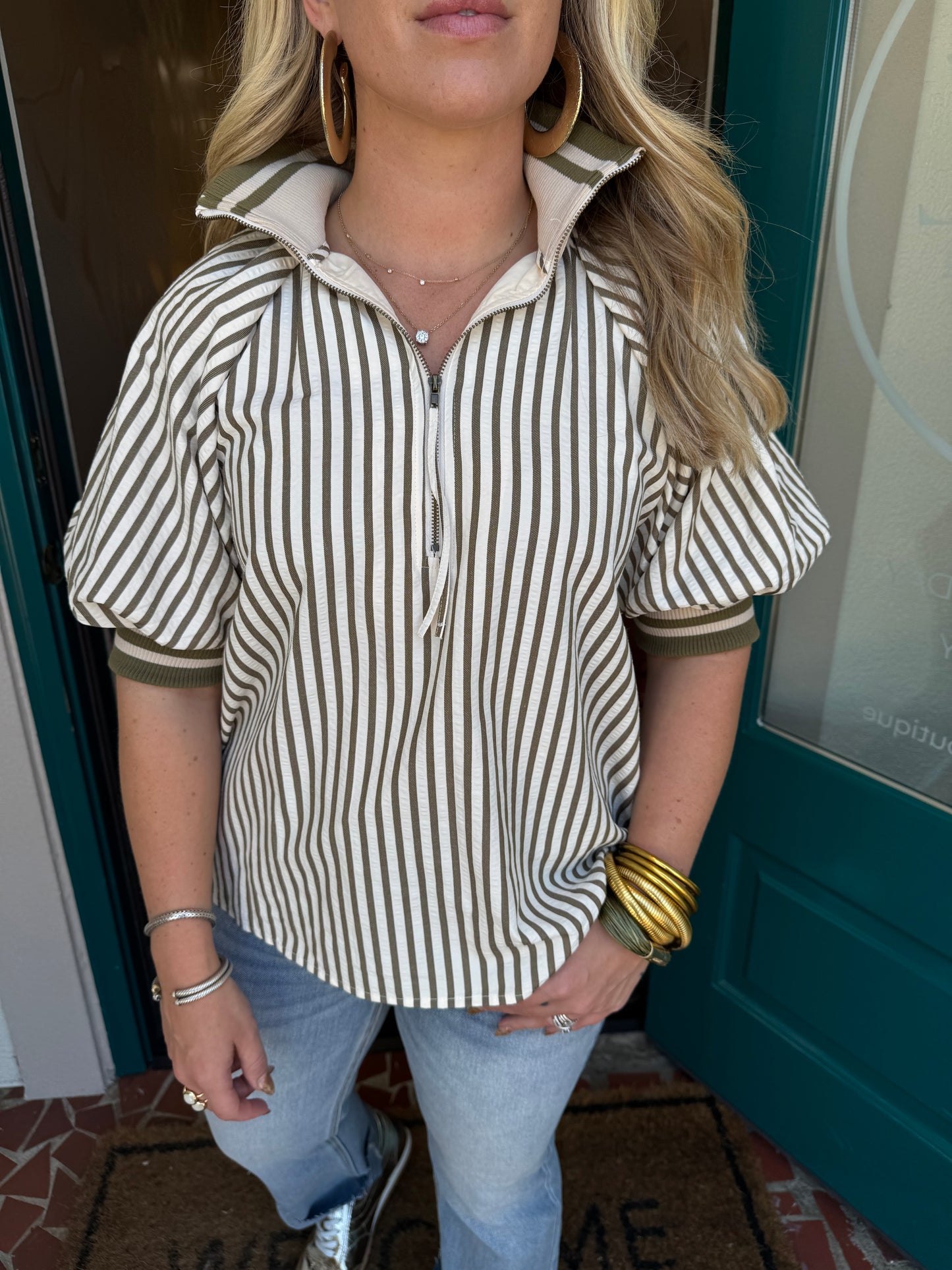 Stripe Half Zip Accent Band Top