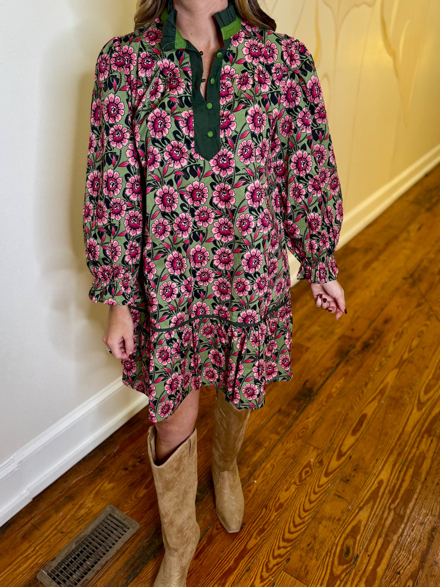 Sage Mix Floral Print Tiered Dress