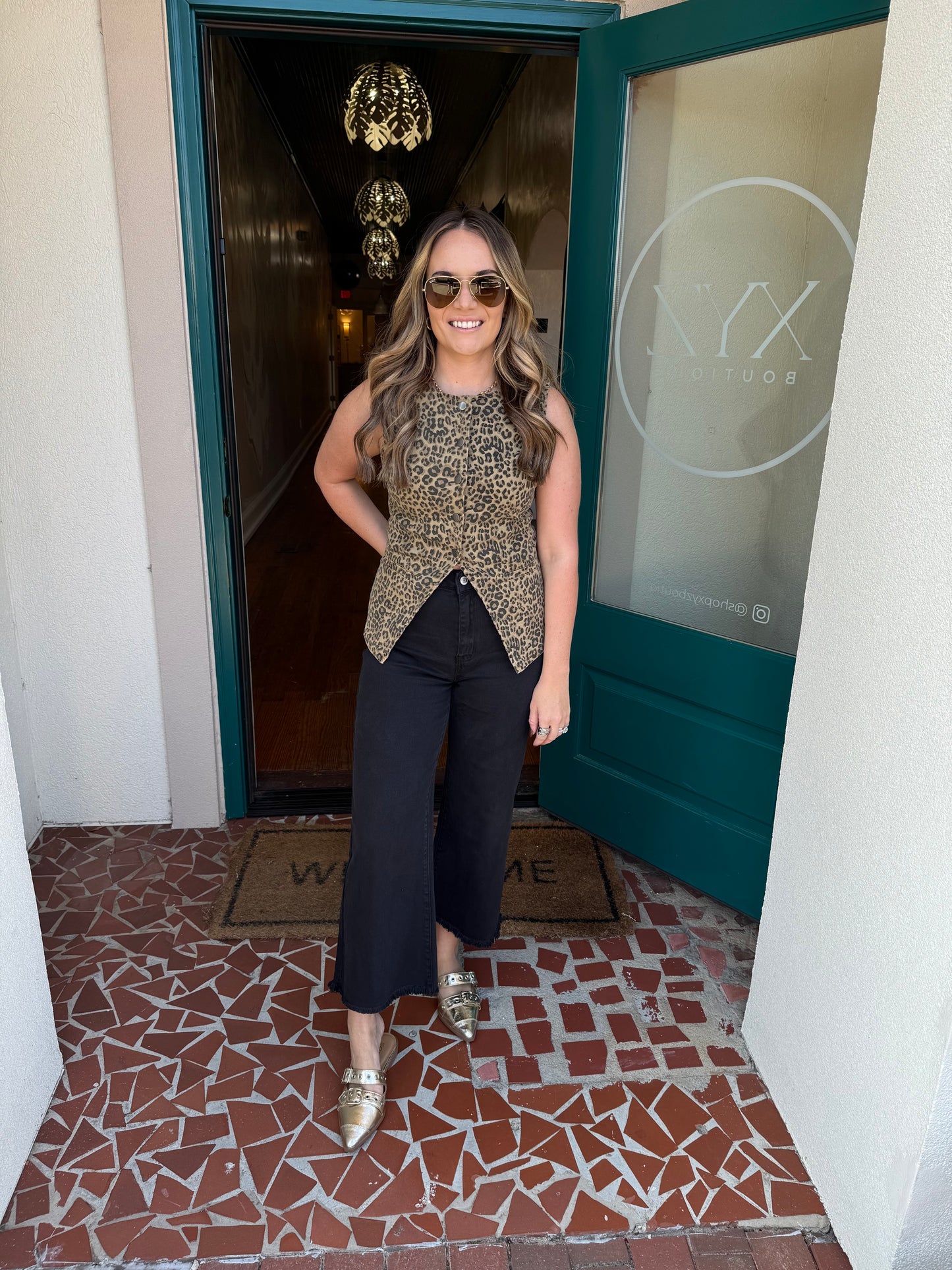Leopard Printed Denim Snap Button Vest