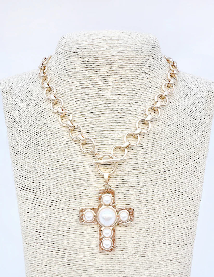 Gold Circle Chain with Cross and Pearl Accents