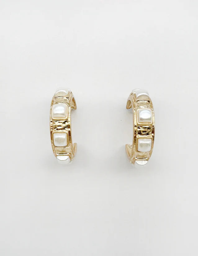 Gold Pearl Square Hoop Earring