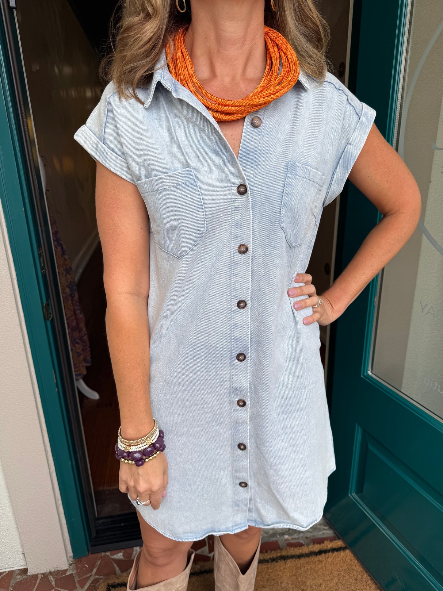 Folded Cuff Button Down Washed Twill Shirt Dress