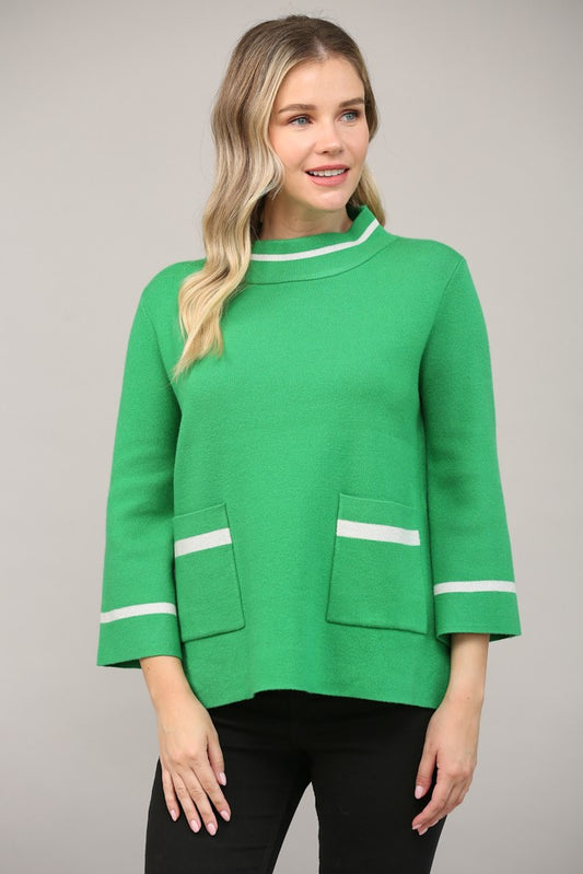 Green Contrast Yarn Mock Neck Sweater