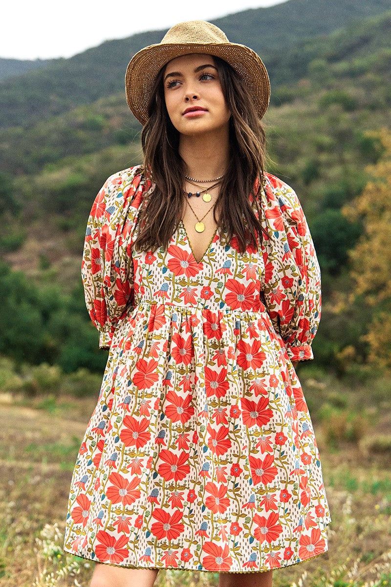 Orange Floral Print Dress with Ric Rac Trim