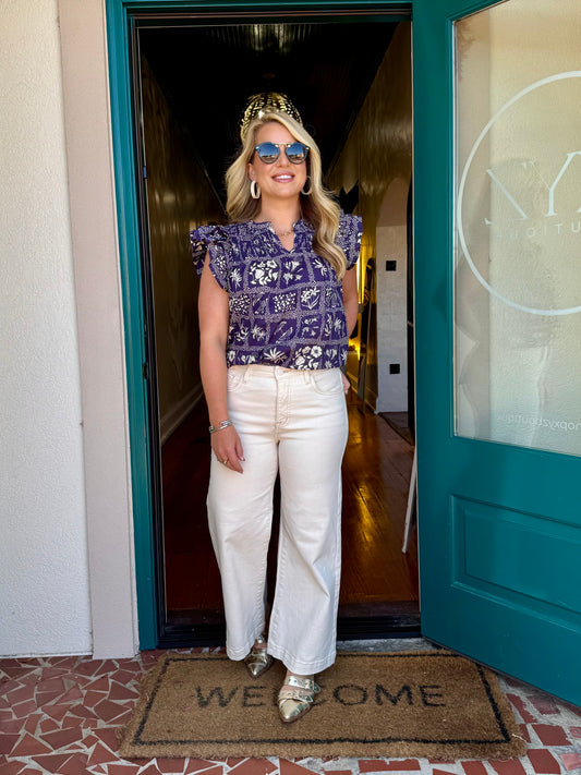 Blue Ruffle Sleeve Smocked Blouse