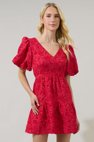 Red Russa May Floral Jacquard Tiered Dress