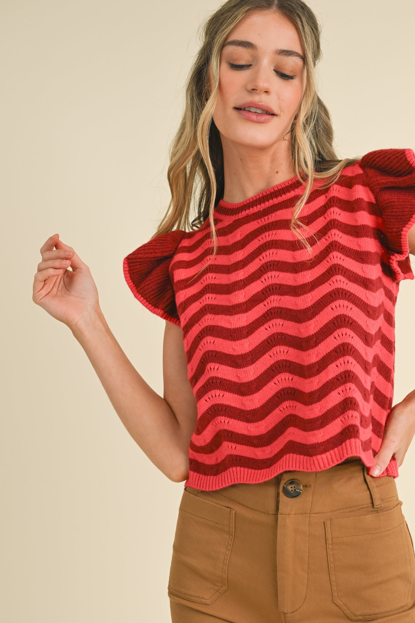 Wavy Stripes Flutter Sleeve Sweater Top