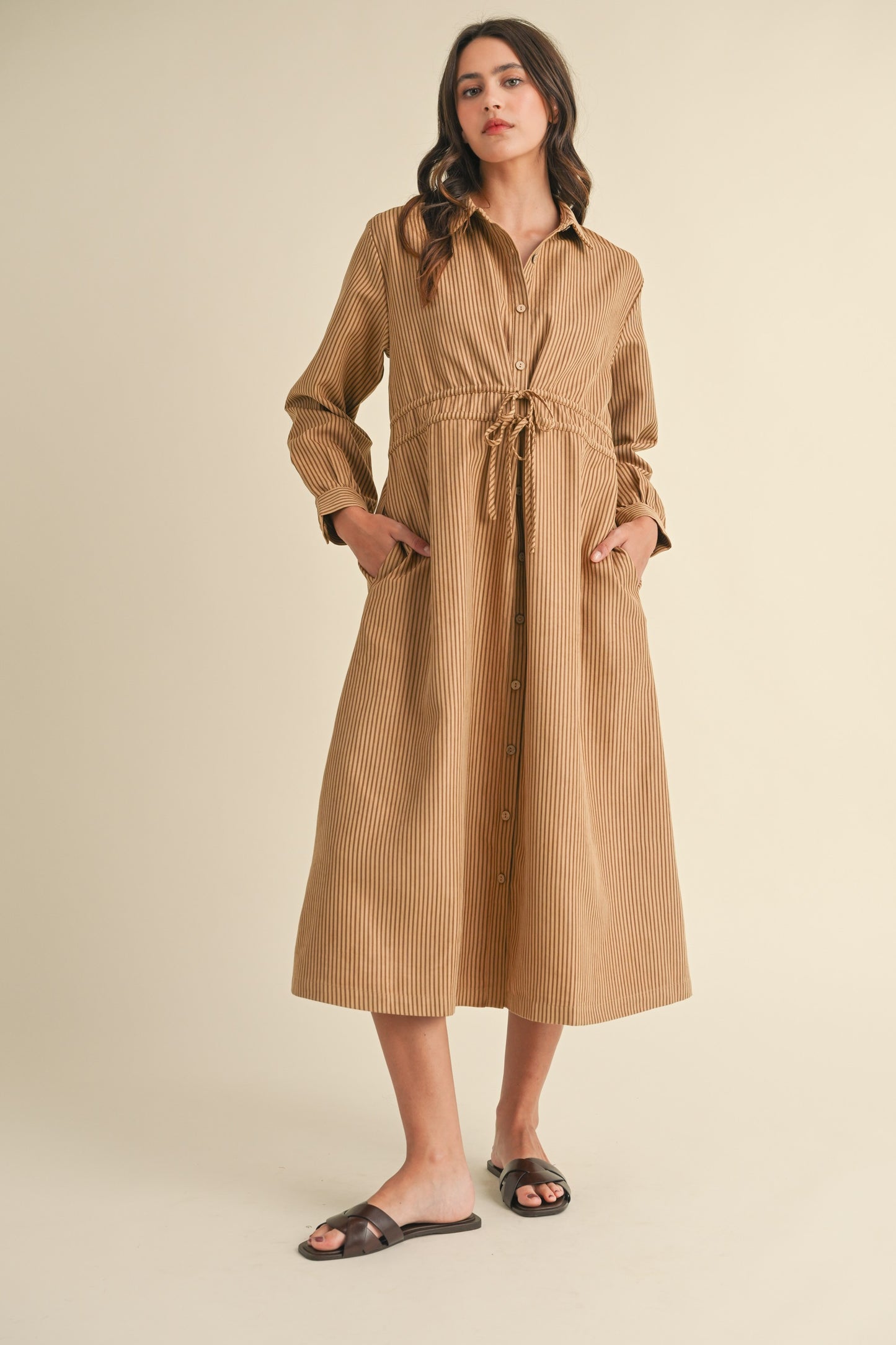 Brown Striped Button Down Shirt Dress