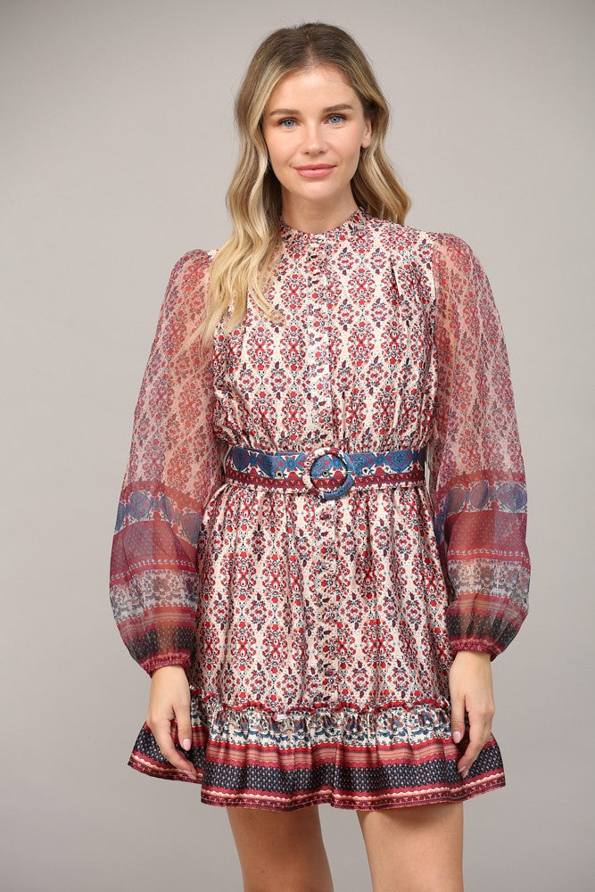 Niki's Sheer Sleeve Belted Dress