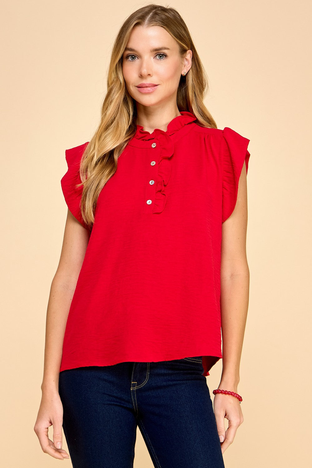 Solid Top with Ruffled Sleeves and Button Detail