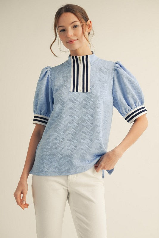 Blue Front Zip Up Textured Top