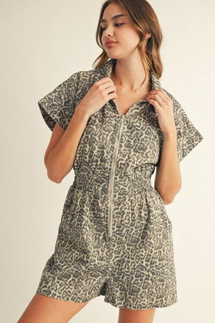 Front Zip Up Leopard Romper