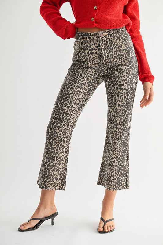 Leopard High Waisted Crop Flare w Distressed Hem