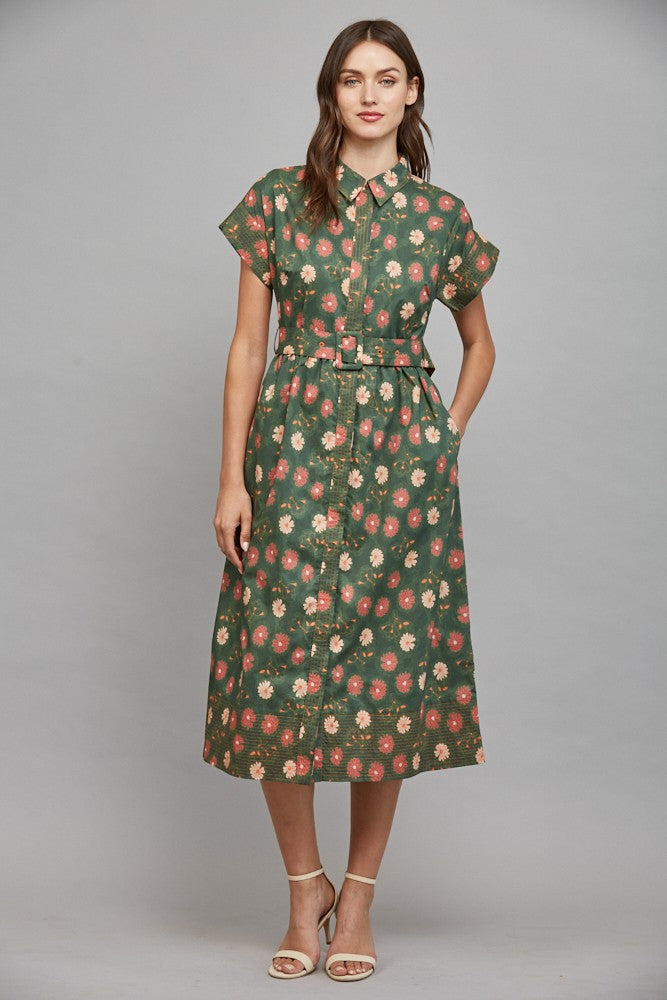 Green Print Shirt Collar Short Slv Midi Dress