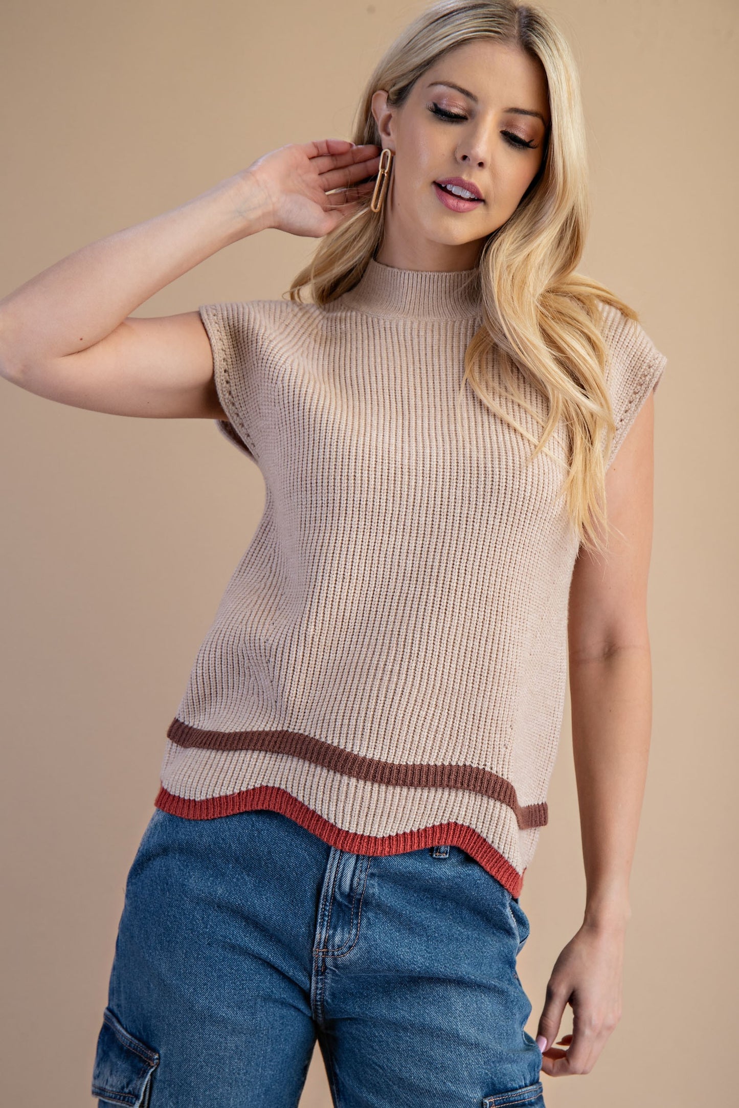 Taupe Mock Neck Knit Sweater Vest